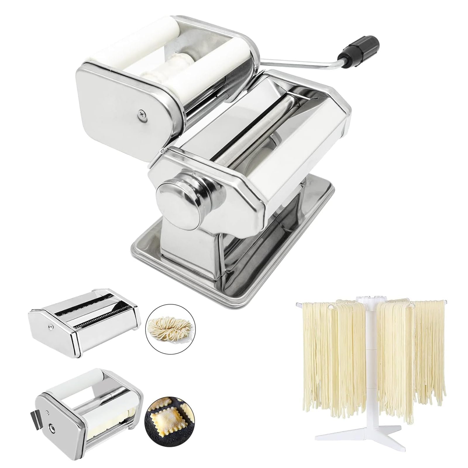MZTOGR Pasta Maker machine, Set mit 6 Stück 150 mm Stahl Nudelmaschine mit 9 einstellbaren Dickeneinstellungen, inklusive Ravioli Maker Aufsatz, Nudeltrockner
