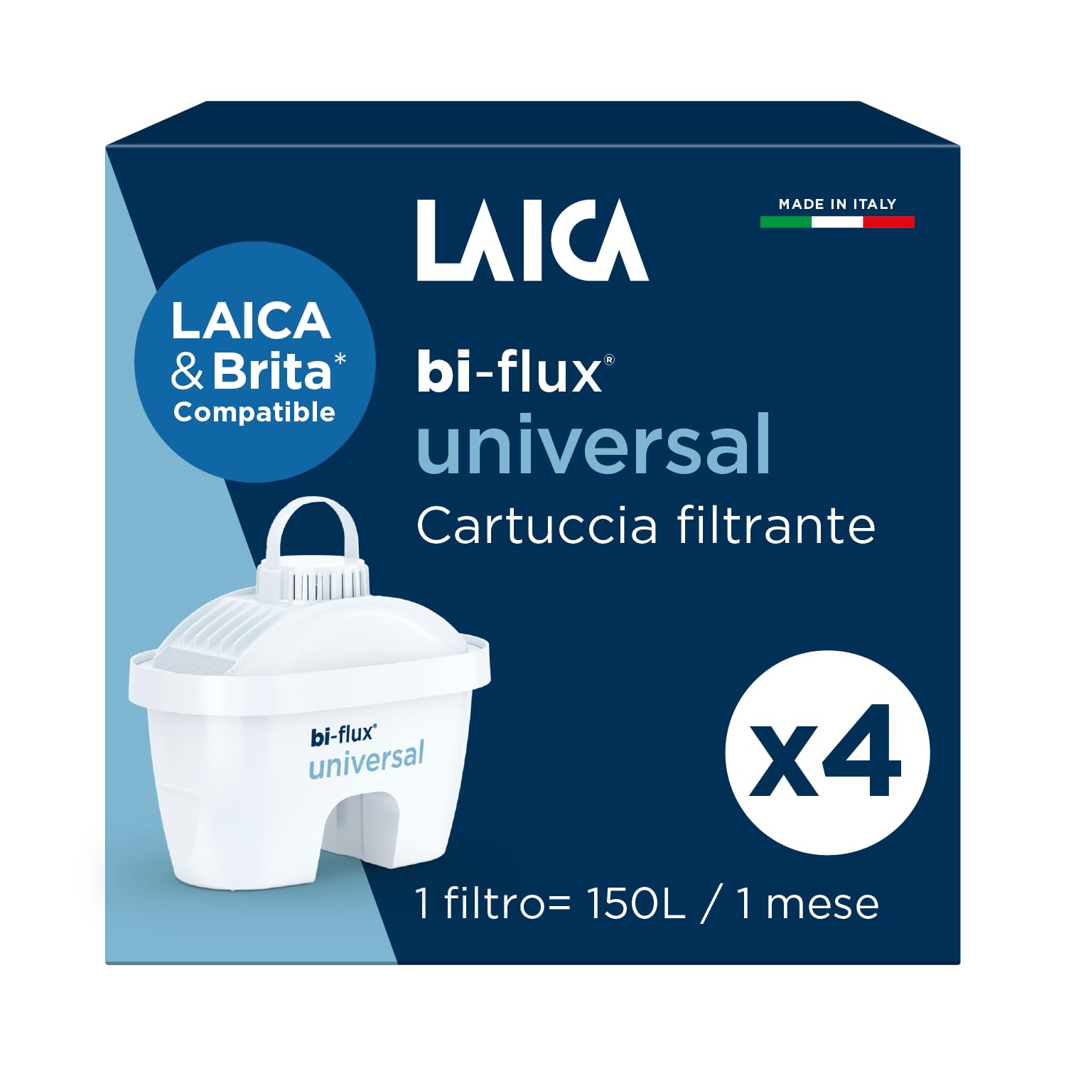 LAICA bi-flux® universal Filtro per Acqua - Compatibile con Caraffe Brita* - Preserva i Sali Minerali e Riduce Cloro e Metalli Pesanti - 4 Mesi di Acqua Filtrata (4 Filtri x 150L) - Made in Italy