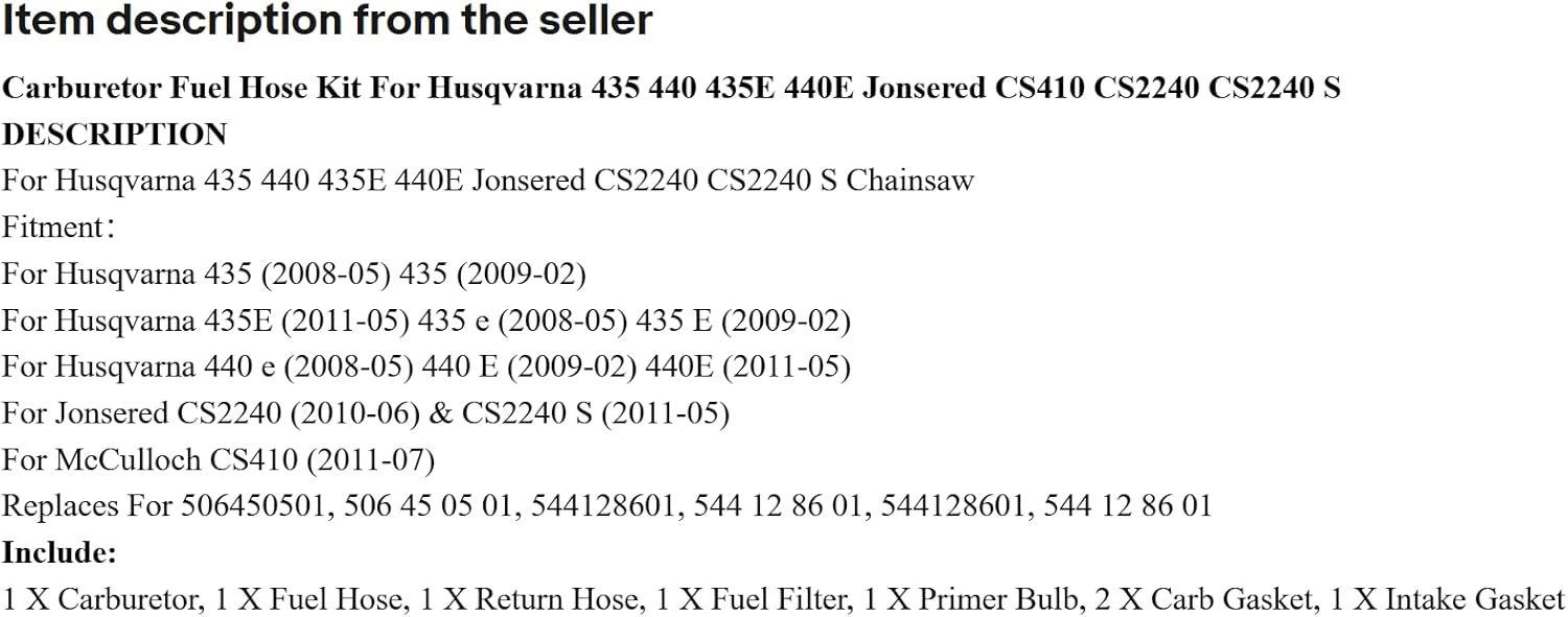 Carburetor Carb 440 435E 440E 435 x-torq Fuel Filter Hose Gasket, Replacement for Husqvarna OEM