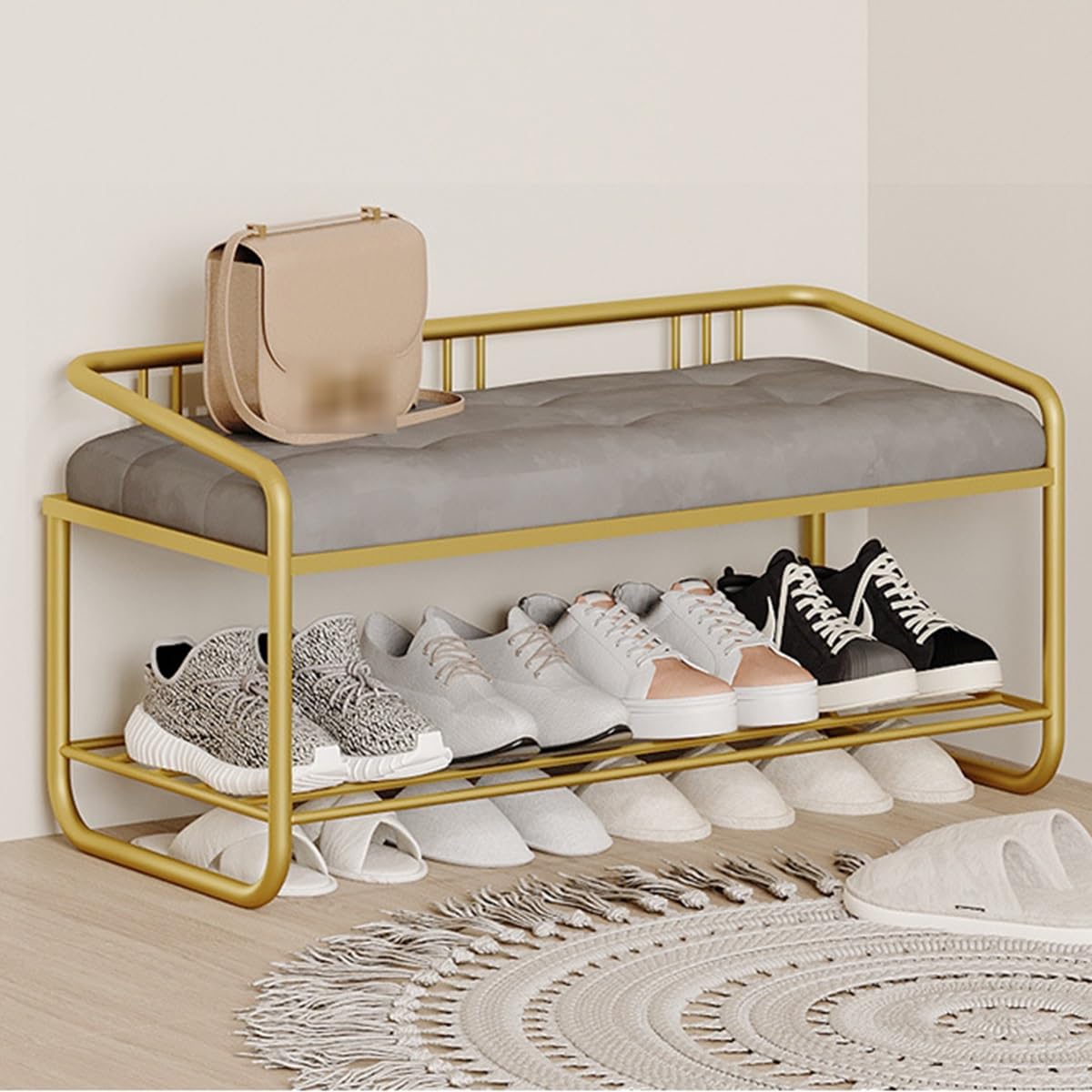 MSHGSKU 2-Tier Shoe Storage Bench with Padded Seat Cushion, Stable Shoe Organizer for Bedroom, Living Room, Entryway