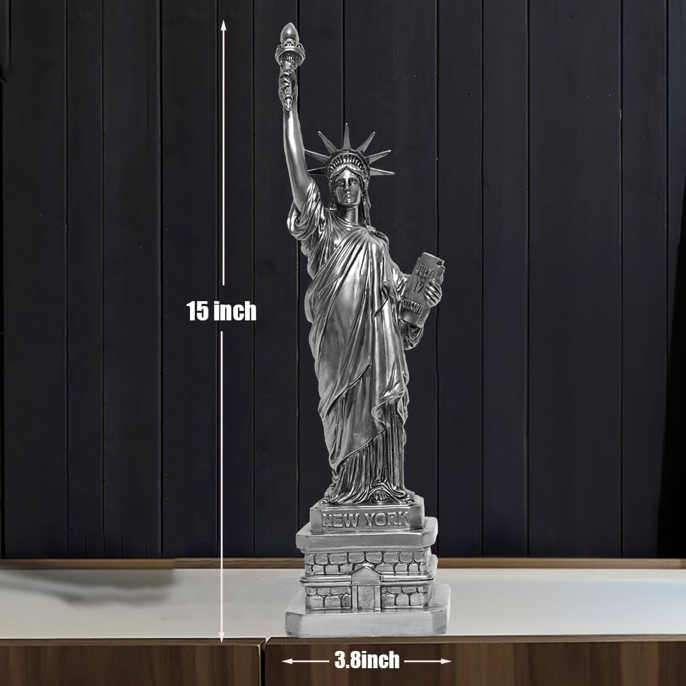 Statue of Liberty Figurine Sculpture Outdoor Garden Decor New York City Souvenirs Gifts Modern Home Decorations for Living Room Book Shelf Table Ornaments (B - Silver, 15 inch)
