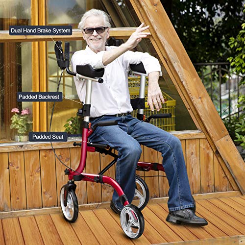 Rinkmo Upright Rollator, Upwalker Lite for Seniors and Adults Stand Up Folding Rollator Walker with Seats and 10” Wheels, Padded Armrest and Backrest, Tall Rolling Mobility Walking Aid with Basket,Red - Thumbnail 4