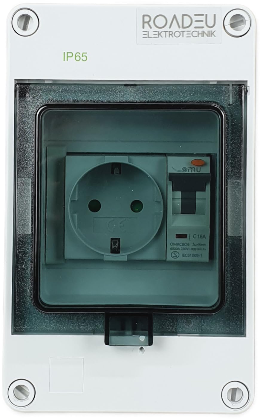 RoadEu | Quadro Elettrico IP65 con Differenziale FI e Magnetotermico C16 | Centralino da Parete Pronto all'Uso con Presa Schuko 230V Integrata | Per Ambienti Umidi, Cantieri e Officine