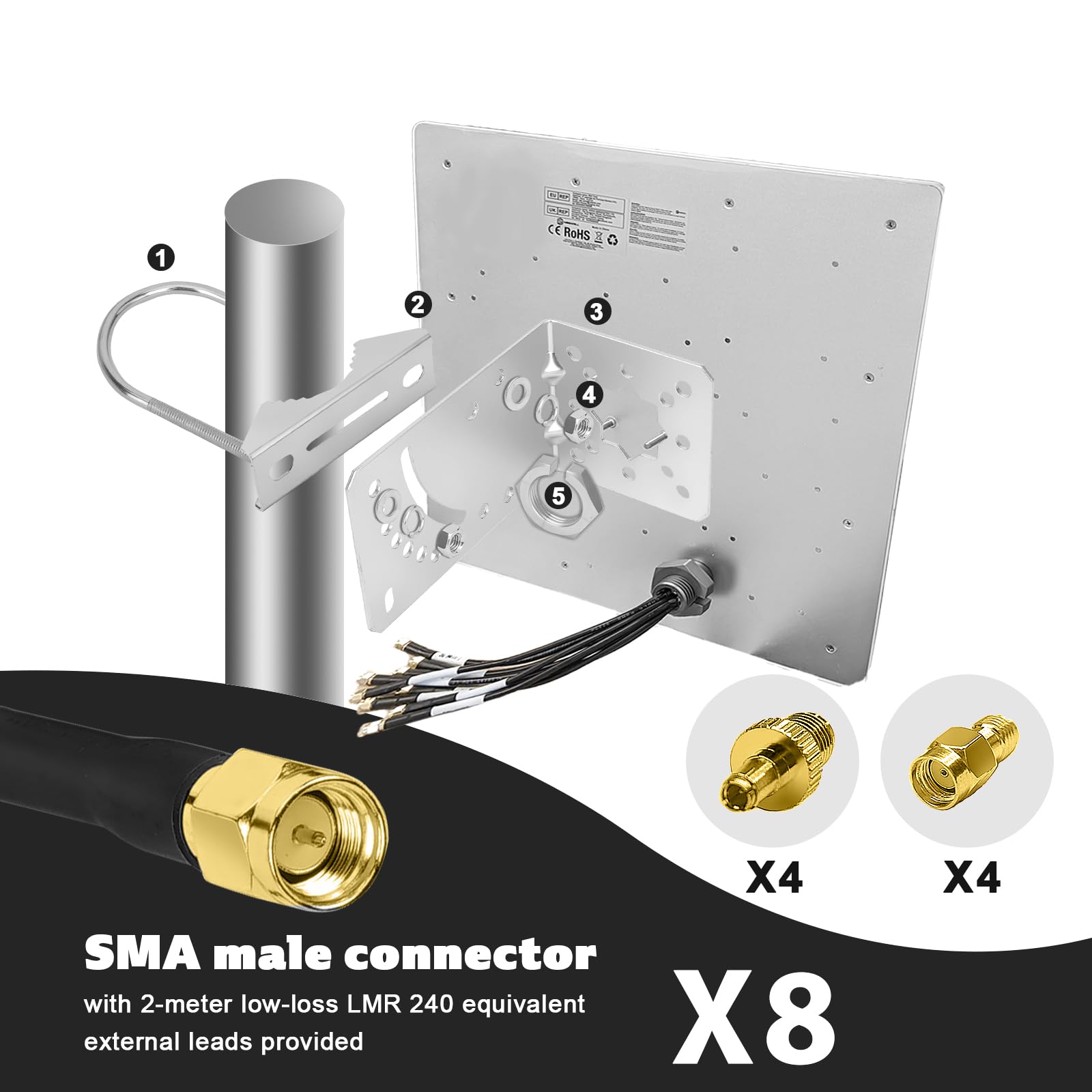 Maswell 8MIMO_Ultra: Antena zewnętrzna 4G 5G 8X8 MIMO, zewnętrzna antena 10dBi o wysokim wzmocnieniu, komórkowa 4G LTE 5GA 5G NR UWB 600-8000 MHz do routerów i bramek, WiFi 7 Ready (kompletny zestaw)