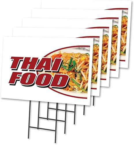 Thai Food - Paquete de 5 carteles y estaca de 12 x 16 pulgadas para patio  Anuncia tu negocio  Imagen de estaca incluida en ambos lados  Fabricado