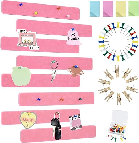 Vuzvuv 8 tiras de barra de corcho rosa con 50 alfileres y notas adhesivas, tiras autoadhesivas para tablón de anuncios que no dañan la pared,