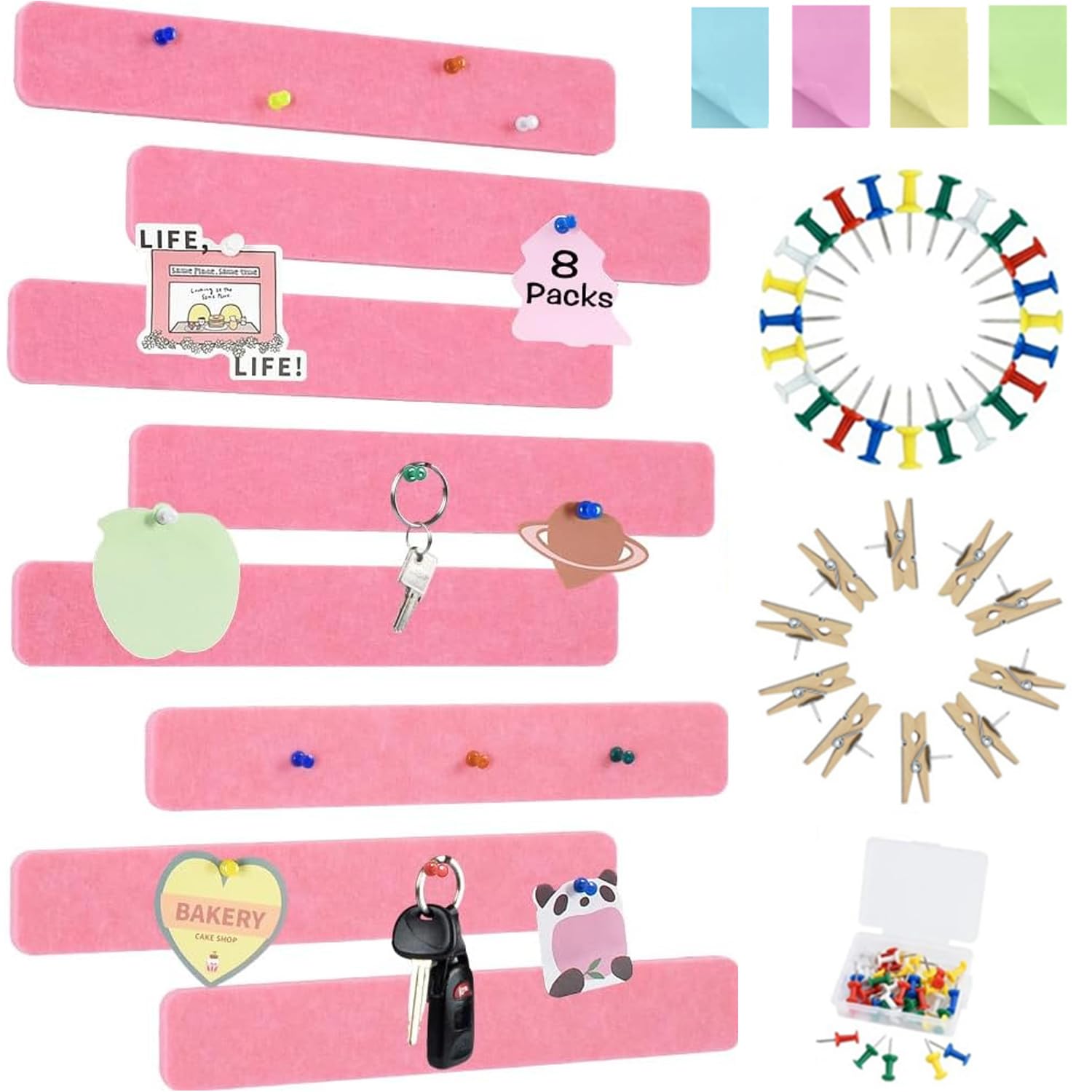 Vuzvuv 8 pcs Bulletin Board Bar Strips with 50 Pushpins & 10 Wooden Clip pins，Self Adhesive Cork Board for Wall，Felt Pin Board for School，Office Decor