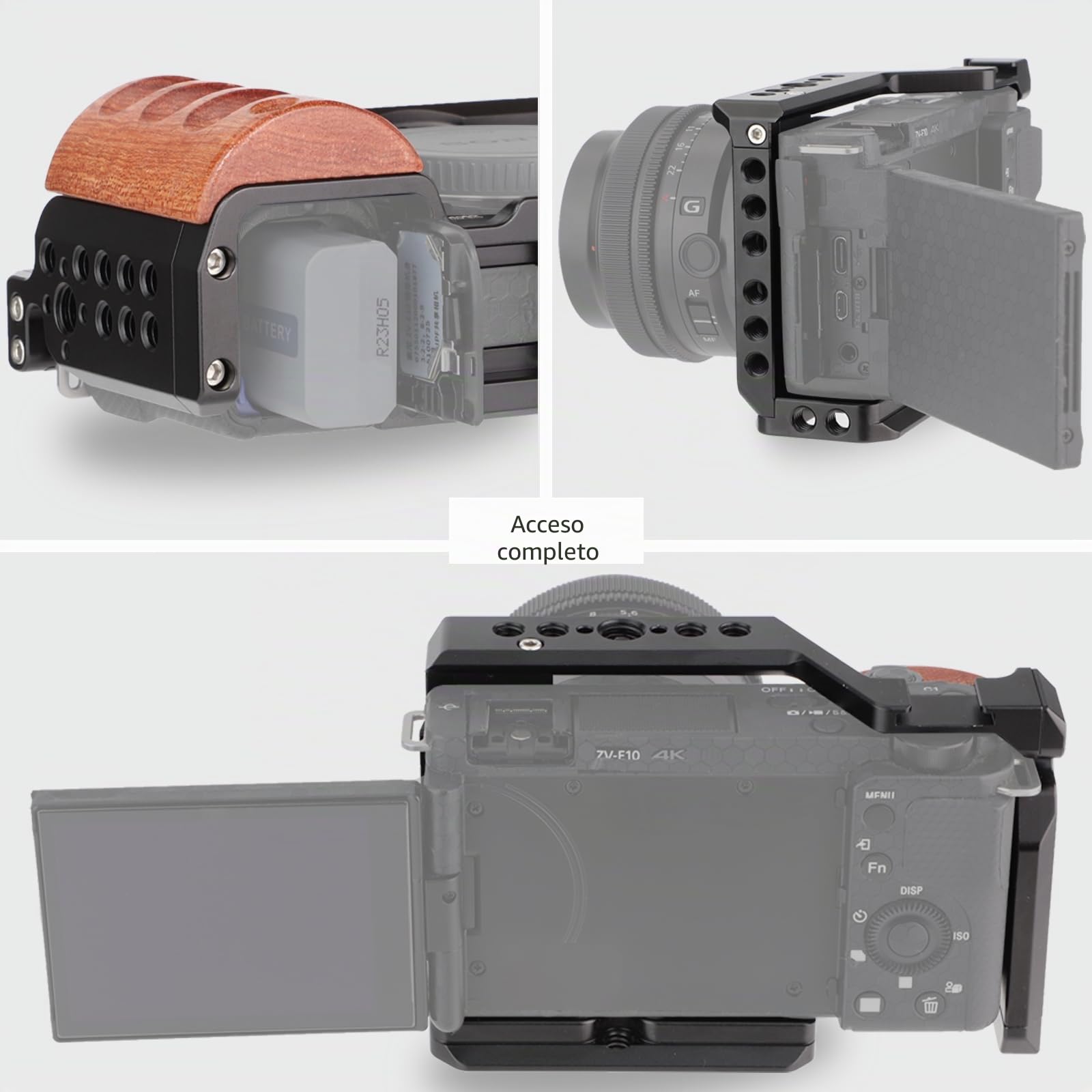 Leftfoto Jaula de metal mejorada con mango de madera para accesorios de grabación de video Sony Alpha ZV-E10, micrófono de zapata fría y extensión de luz