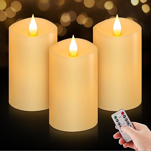 Miniatura 10 de Juego de 2 velas parpadeantes sin llama de 3 x 3 pulgadas, 2 pilas AA de duración de 600 horas, velas parpadeantes con temporizador, velas sin llama