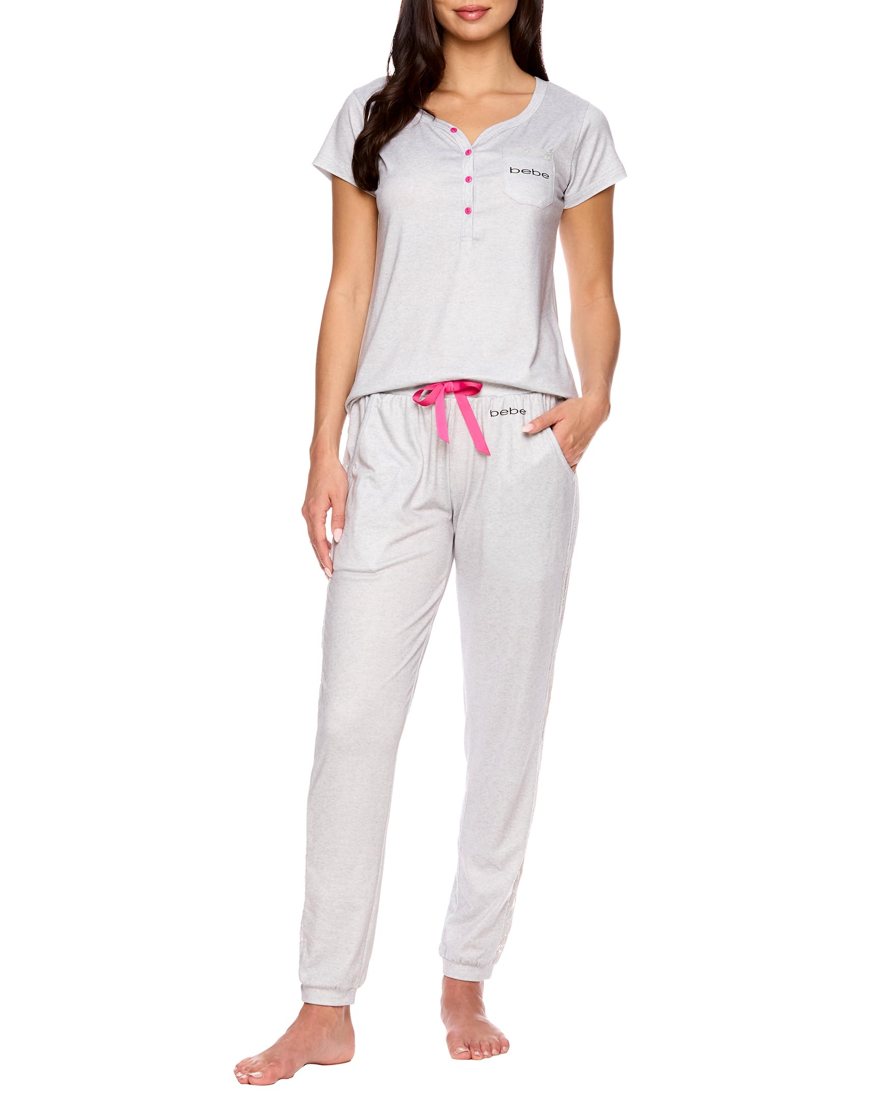 bebe Womens Pajama Set Short Sleeve Shirt with Lace Jogger PJ Pants Lounge Sets for Women