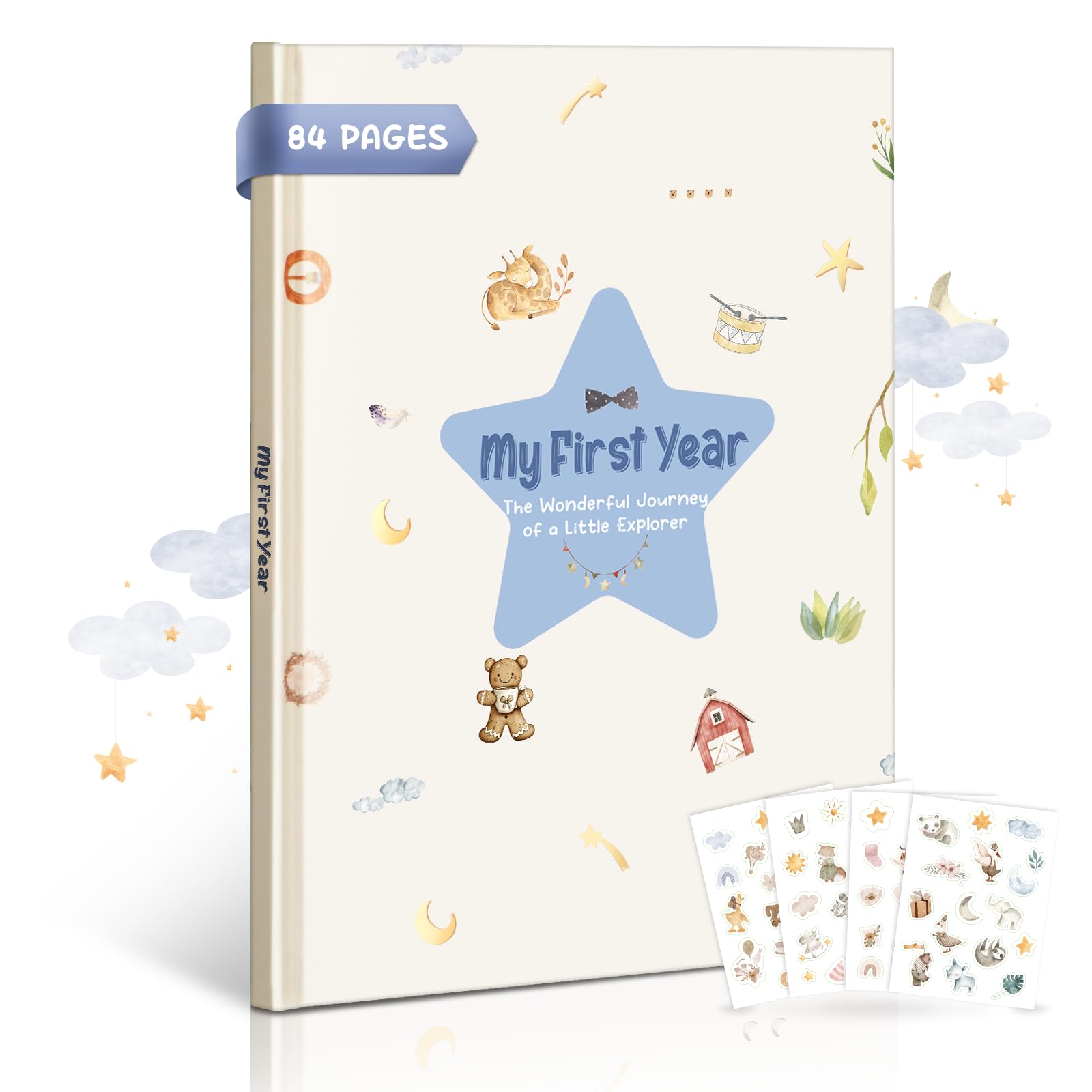 Baby Memory Book for Boys – Boho Design, 84-Page Hardcover Keepsake Journal for First Year, Milestone & Photo Album, Ideal Baby Shower or Newborn Gift, Star