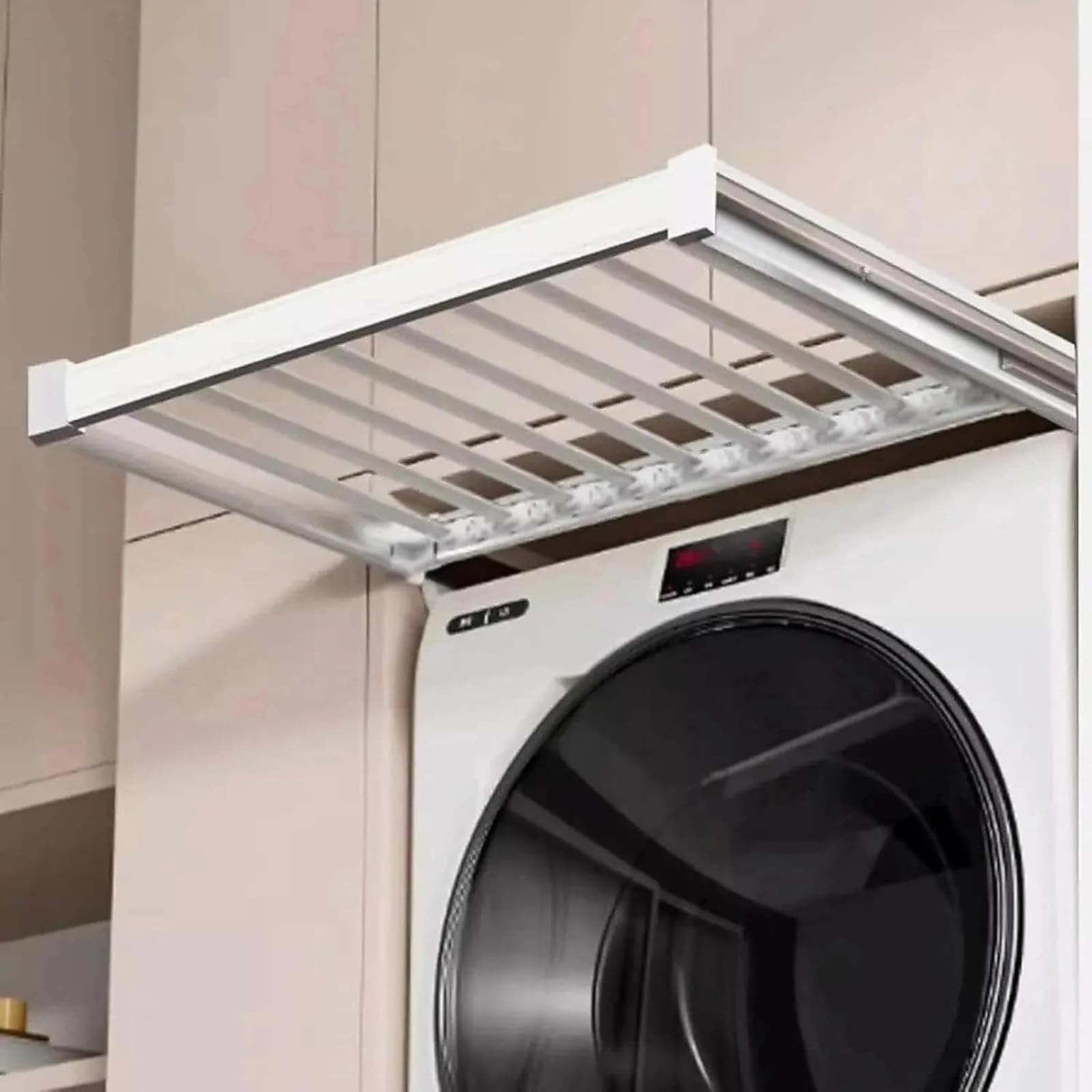 Pull Out Drying Rack for Wardrobe and Laundry Room โ Extendable Clothes Drying Rack, Space Saving Aluminium Alloy Shelf Above Washing Machine, Length Adjustable (White,56cm/22inch)