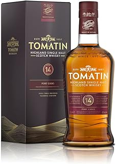 Tomatin 14 Year Old Single Malt Whisky. Highland Scotch Whisky Matured in Port Casks. 46% Alcohol/Vol 70cl Glass Bottle in Gift Box, Whiskey Gift Sets for Men, Scottish Gifts