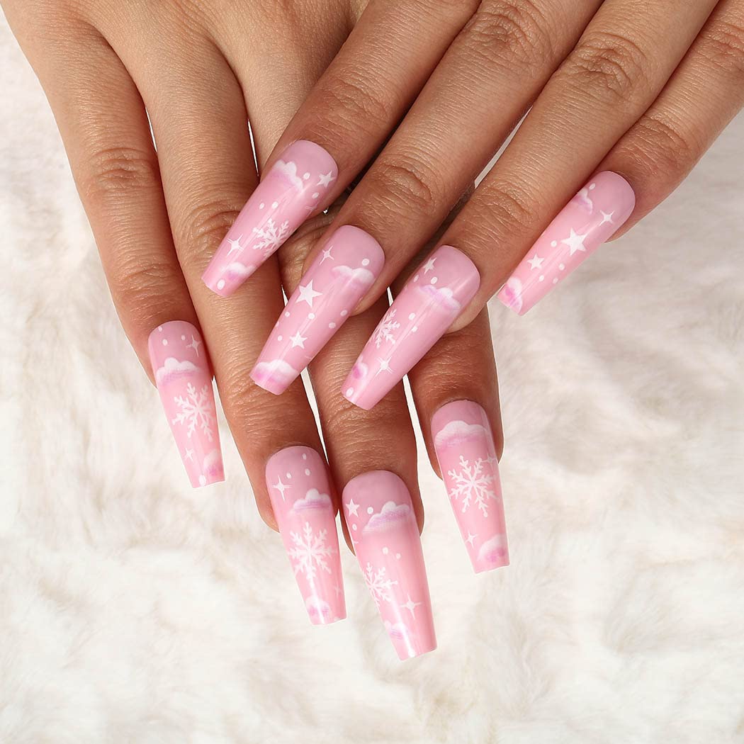 Photo 1 of Aksod Chirstmas Snowflake Press on Nails Glossy Pink Coffin Fake Nails Long Cute Ballerina Full Cover Artificial False Nails Tips for Women and Girls 24Pcs (Style B)