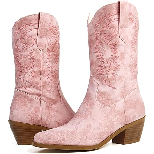 CELNEPHO Cowboy Cowgirl Boots For Women Fashion Retro Embroidered Mid Block Chunky Heel Pointed Toe Pull On Mid Calf Western Boots