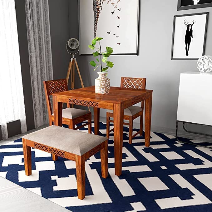 Jodhpur Furniture Solid Sheesham Wood CNC Cuting Dining Table with 2 ...