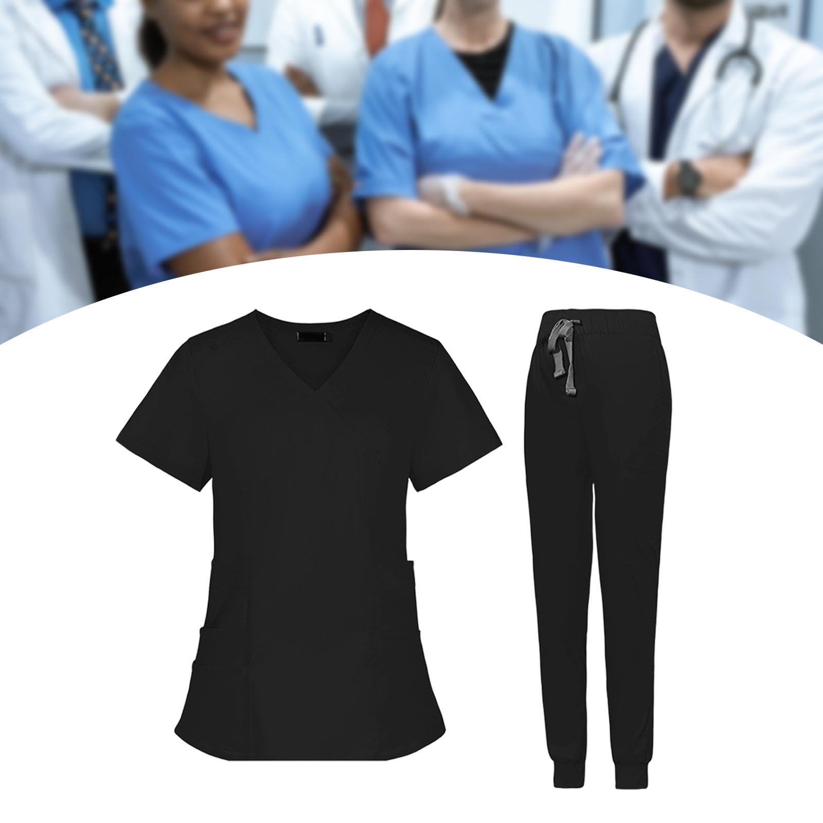Berufsbekleidung für Krankenschwestern, Jogginghose Und Kasack, Knitterfrei, für Spa Und Kosmetik, Maschinenwaschbar, V Ausschnitt, Schwarz, l