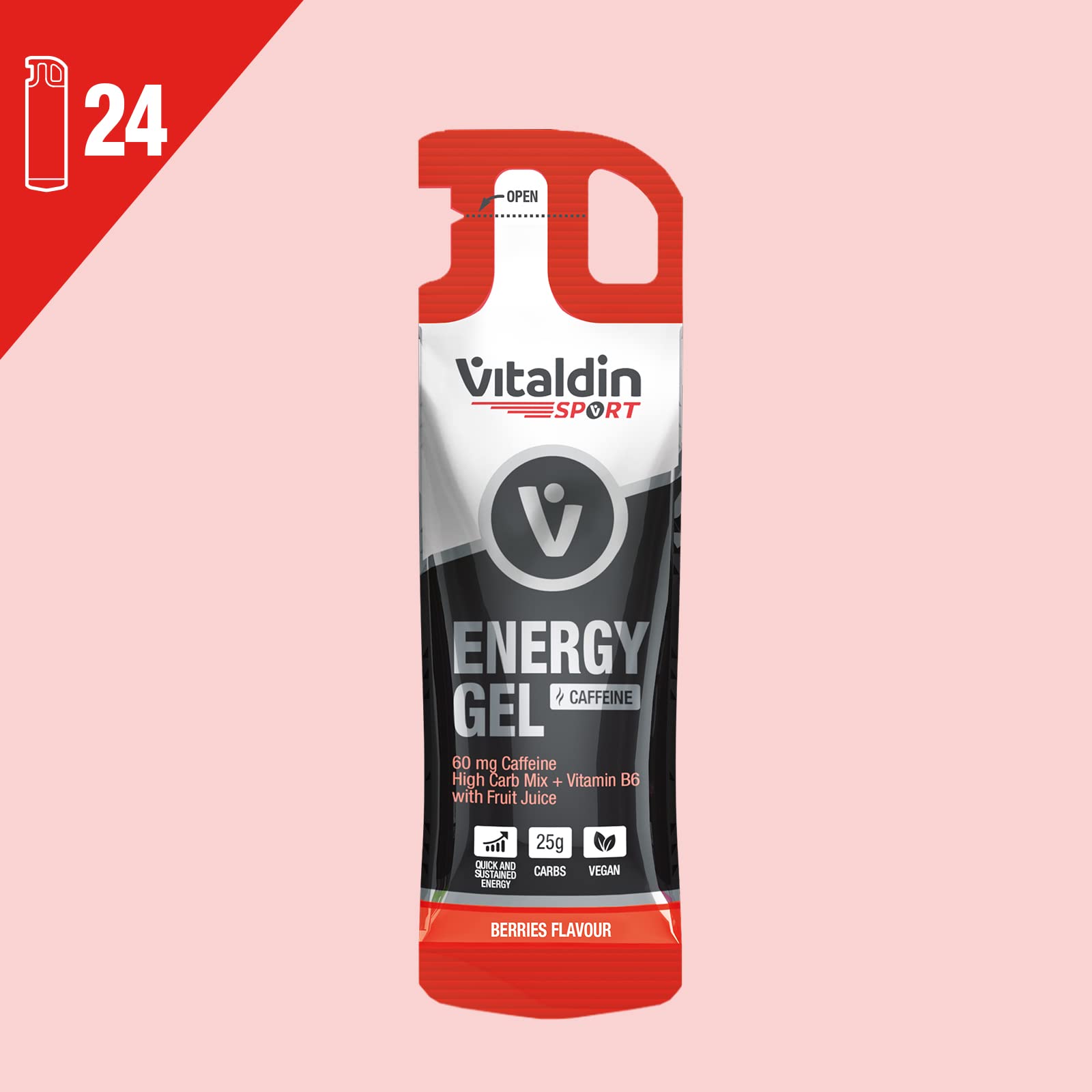 VITALDIN SPORT Energy Gel Caffeine – 24 Geles x 40 gr – Gel Energético sabor Frutos Rojos con 60 mg de Cafeína & Vitamina B6 – Energía rápida y sostenida en Running, Ciclismo & Deportes de Resistencia