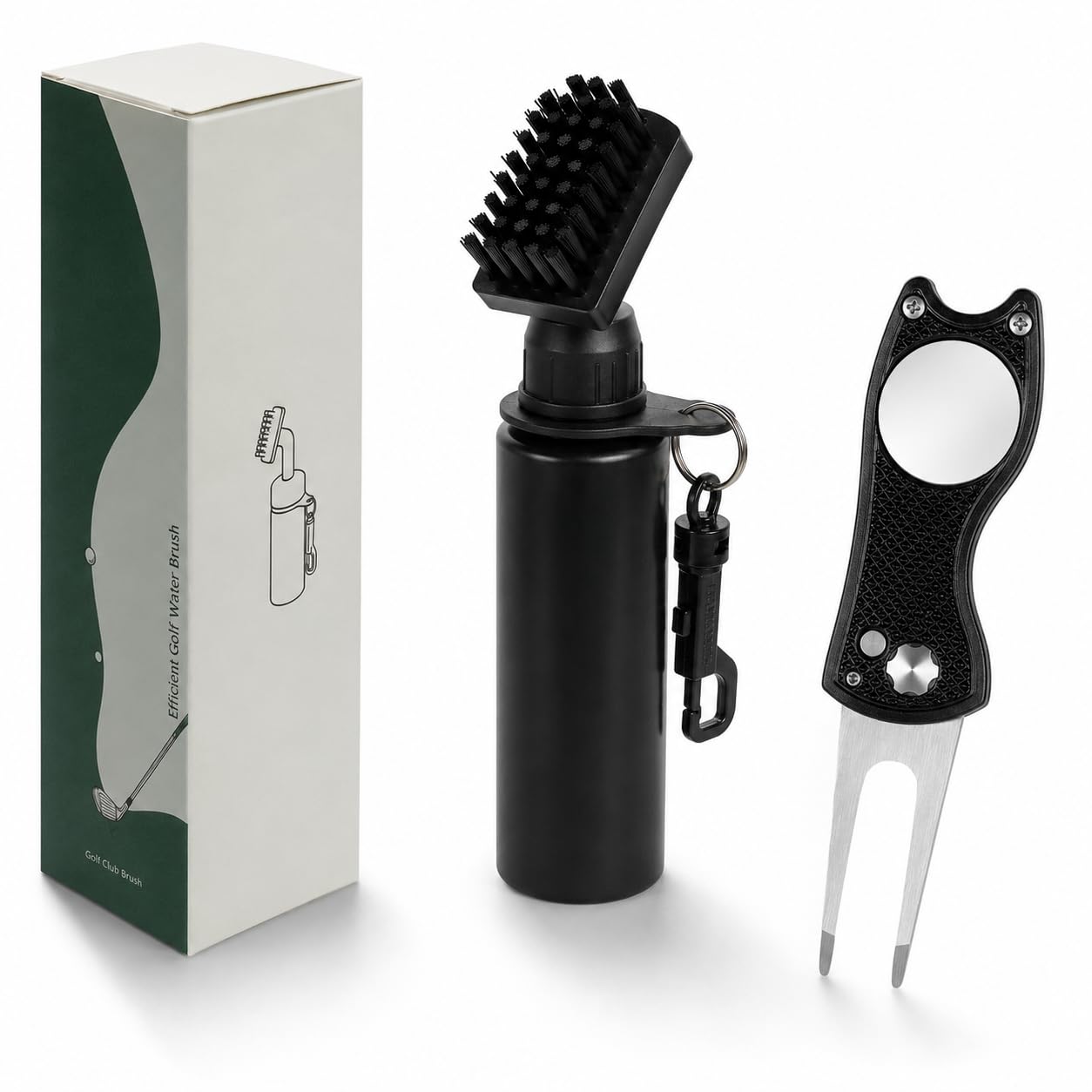 GiftGem Golf Club Cleaning Brush Set, Water-Fed Golf Brush with Bag Clip, Divot Repair Tool with Ball Marker, Portable Golf Accessories Set for Men and Golfers, Black