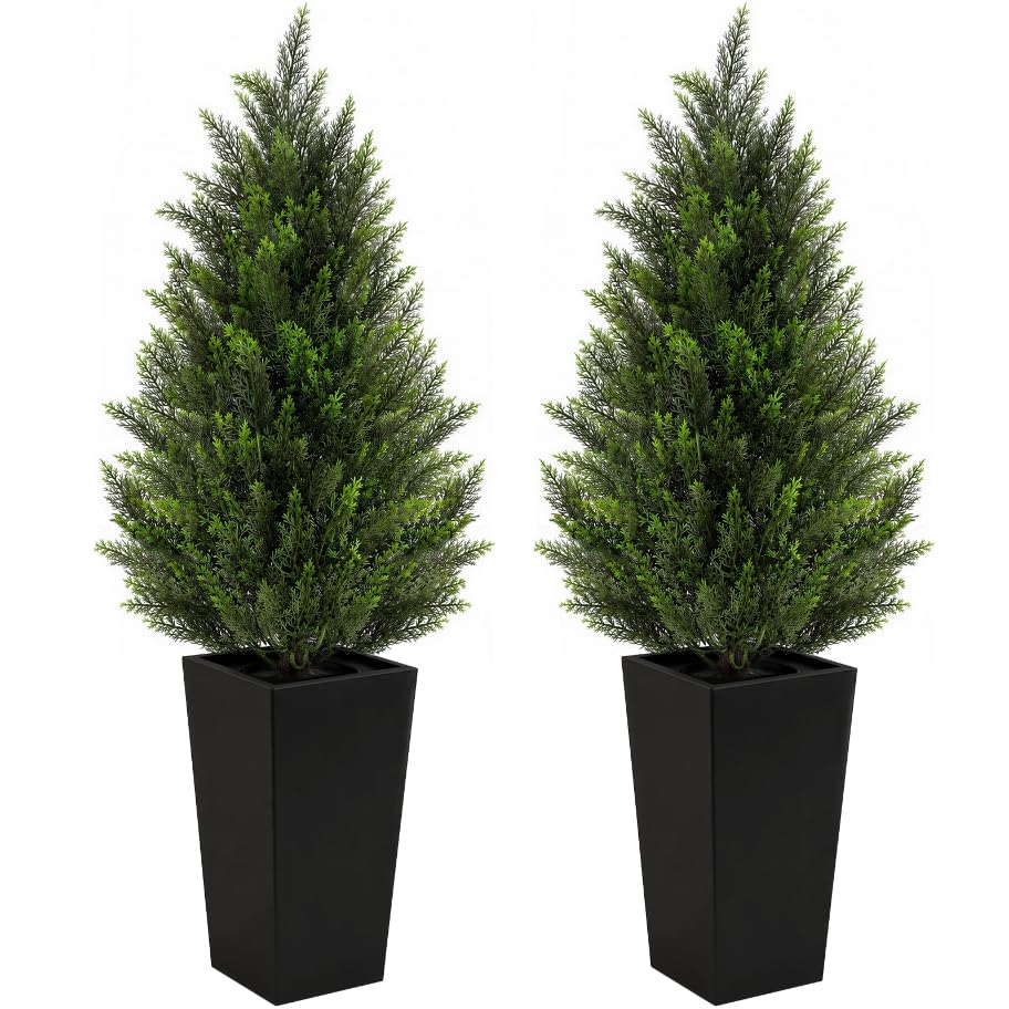 Image of VIVATREES 4FT Artificial Cedar Topiary Trees 2 Pack, Faux Cypress Plants with Black Square Planters, UV Resistant Outdoor Evergreen Decor for Front Porch, Patio, Garden & Home