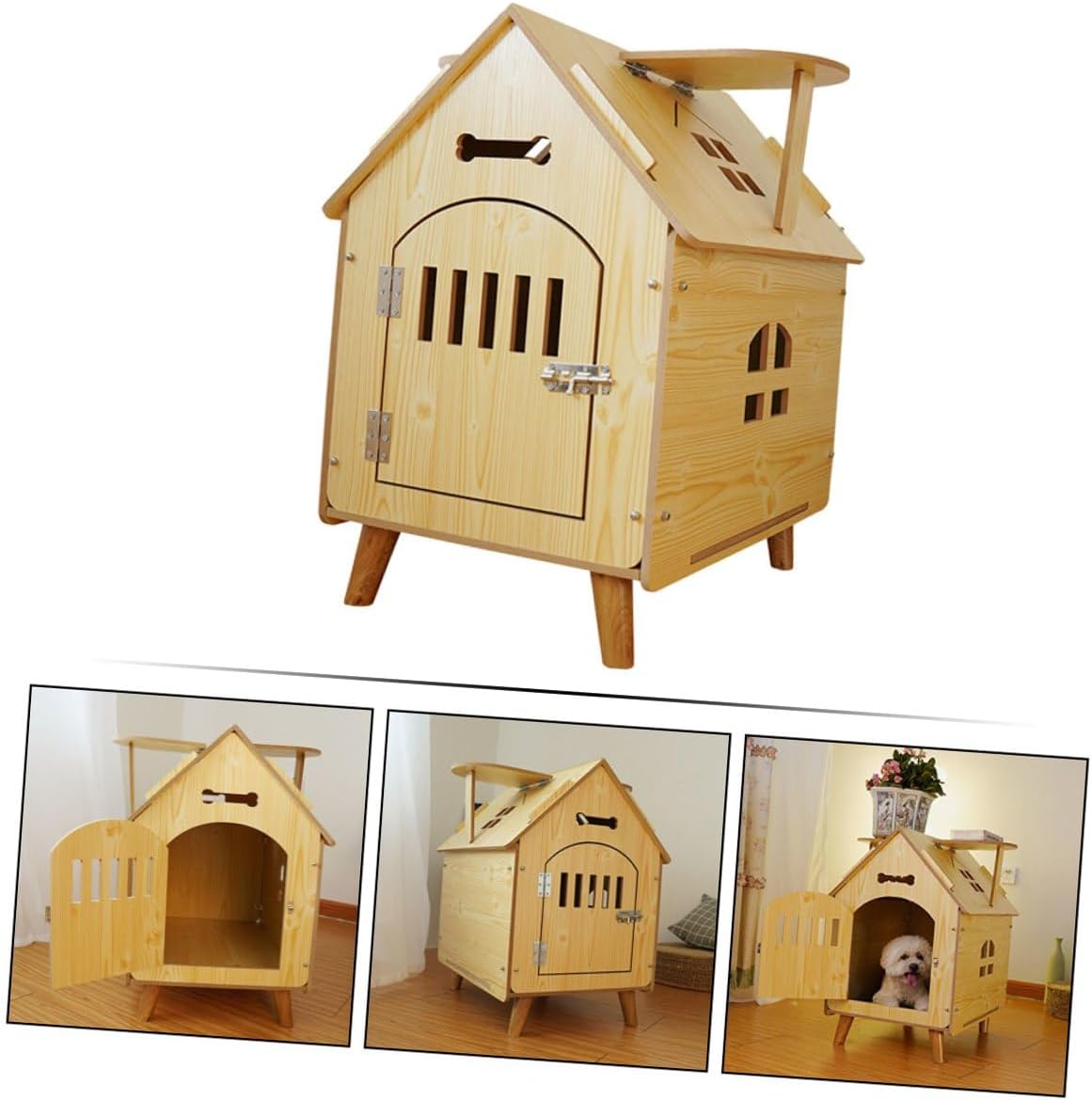 HEMOTON Outdoor Wooden Dog House Medium Size Simple Pet Shelter with Wood Kennel Fence Weather-Resistant Dog Nest for Puppies