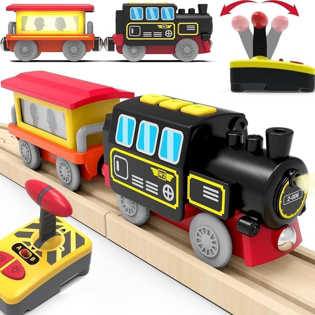 Motorized Trains for Wooden Track, Remote Control Train with Magnetic Connection, Battery Operated Locomotive Trains Set Compatible with Thomas, Brio, Chuggington - Train Toys for Toddlers