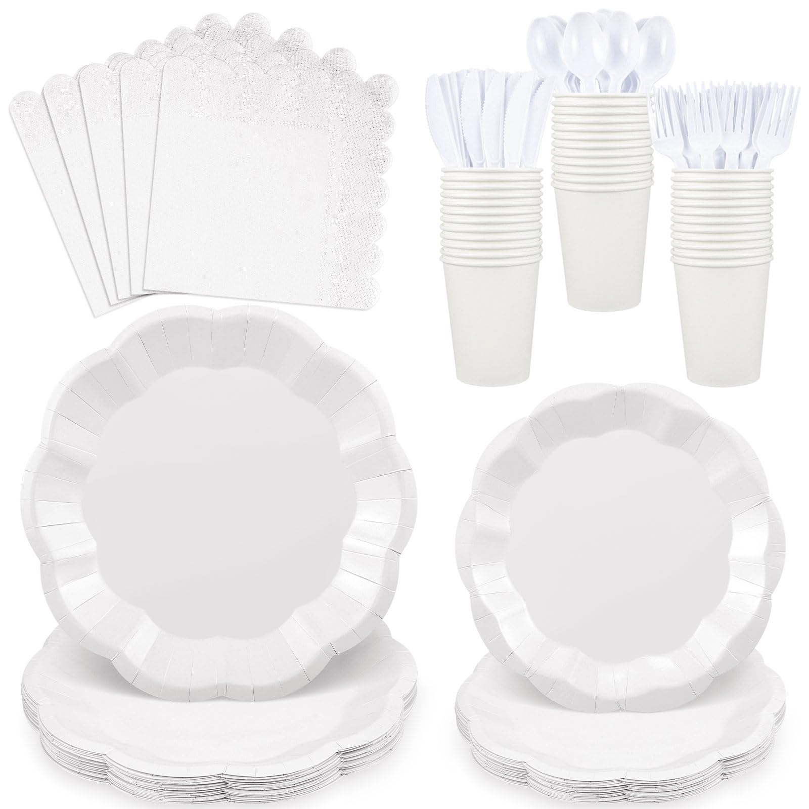 NatNarr 175 Pcs White Plates and Napkins Set, 25 Guest White Party Supplies Include Scalloped Plate Paper Napkin Cup Forks Knives Disposable Plastic Cutlery for Wedding Baby Shower Birthday Party