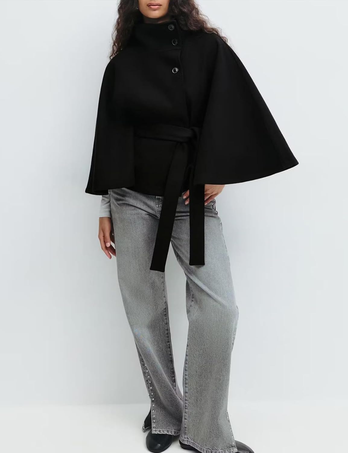 Womens Batwing Sleeve Ponchos Pea Coat Wool Bland Fall Winter Collar Belt Capes Jacket Cropped Overcoat - Image 7