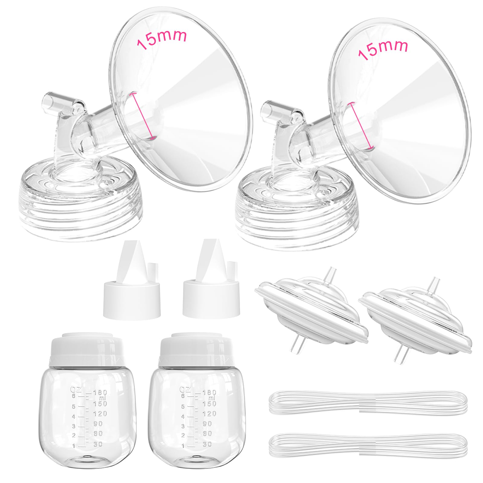 Breast Pump Parts for Spectra S1/S2, Not Original Accessories, 15mm Full Set Replacements Include Flange/Duckbill Valves/Tubings/Backflows/Bottles
