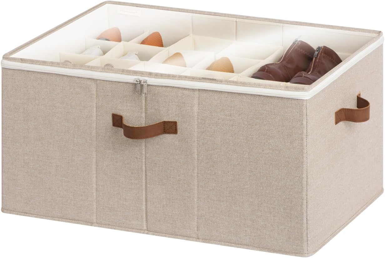 StorageWorks Shoe Organizer for Closet, Fits up to 24 Pairs, Shoe Cubby Storage Containers with Adjustable Dividers and Clear Cover, Mixing of Brown & Beige