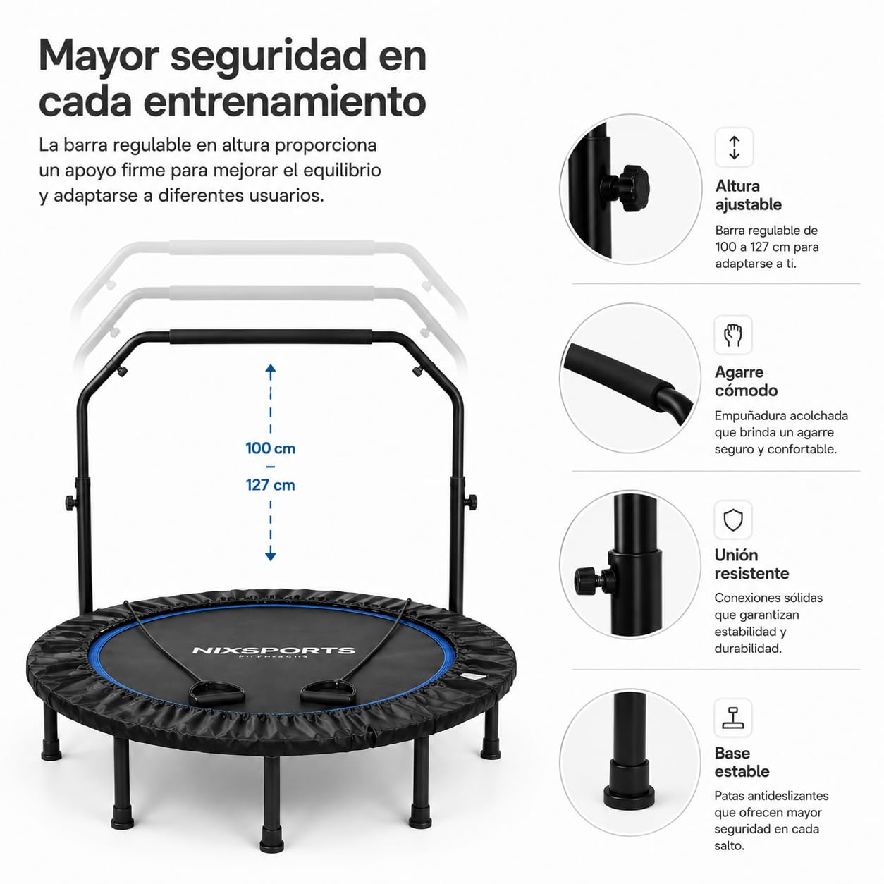 Trampolín Fitness 3 en 1 con Barra Ajustable y Bandas de Resistencia – Cuerdas elásticas silenciosas, Superficie Antideslizante, Entrenamiento Cardio y Fuerza para casa