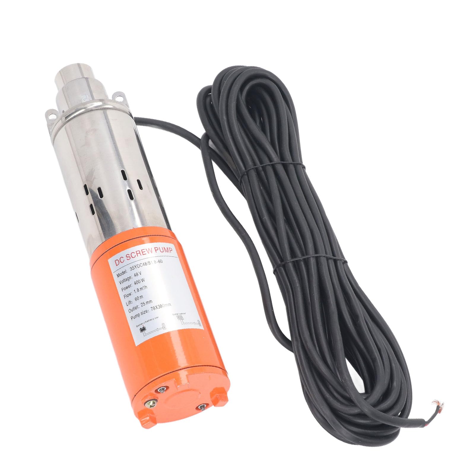 FTVOGUE Bomba de Tornillo CC Bomba de Pozo Profundo Sumergible Solar de Acero Inoxidable Motor de Cobre de 48 V 400 W Elevación de 60 M 1,8 M3 H para Riego Granja Jardín Estanque Suministro de Agua