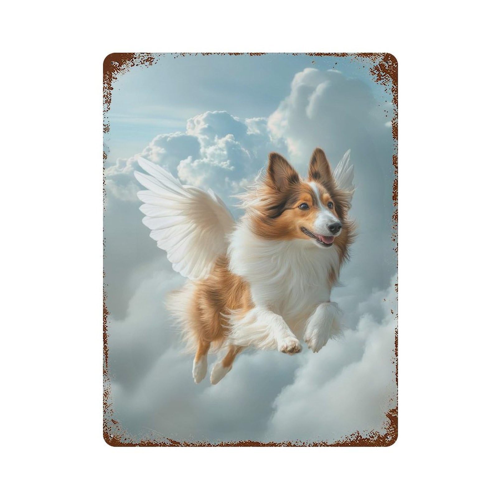 Winged Sheltie Dog Flying in Clouds Shetland Sheepdog Pet Loss Wall Art Vintage Wall Sign 15.7"x11.8", Rust Effect Metal Decor for Living Room, Hallway And Home Decor