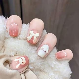 Press on Nails Square Short Length Acrylic Glossy Full Cover Cute False Nails with Rabbit Designs Artificial Extra Short Square Shaped Fake Nails Glue ons Fingernails for Women Girls