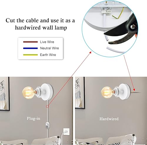 Miniatura 5 de Base de lámpara de escritorio de metal, base de lámpara de mesa industrial blanca, base de enchufe de cable de interruptor regulable de 86.6 in,