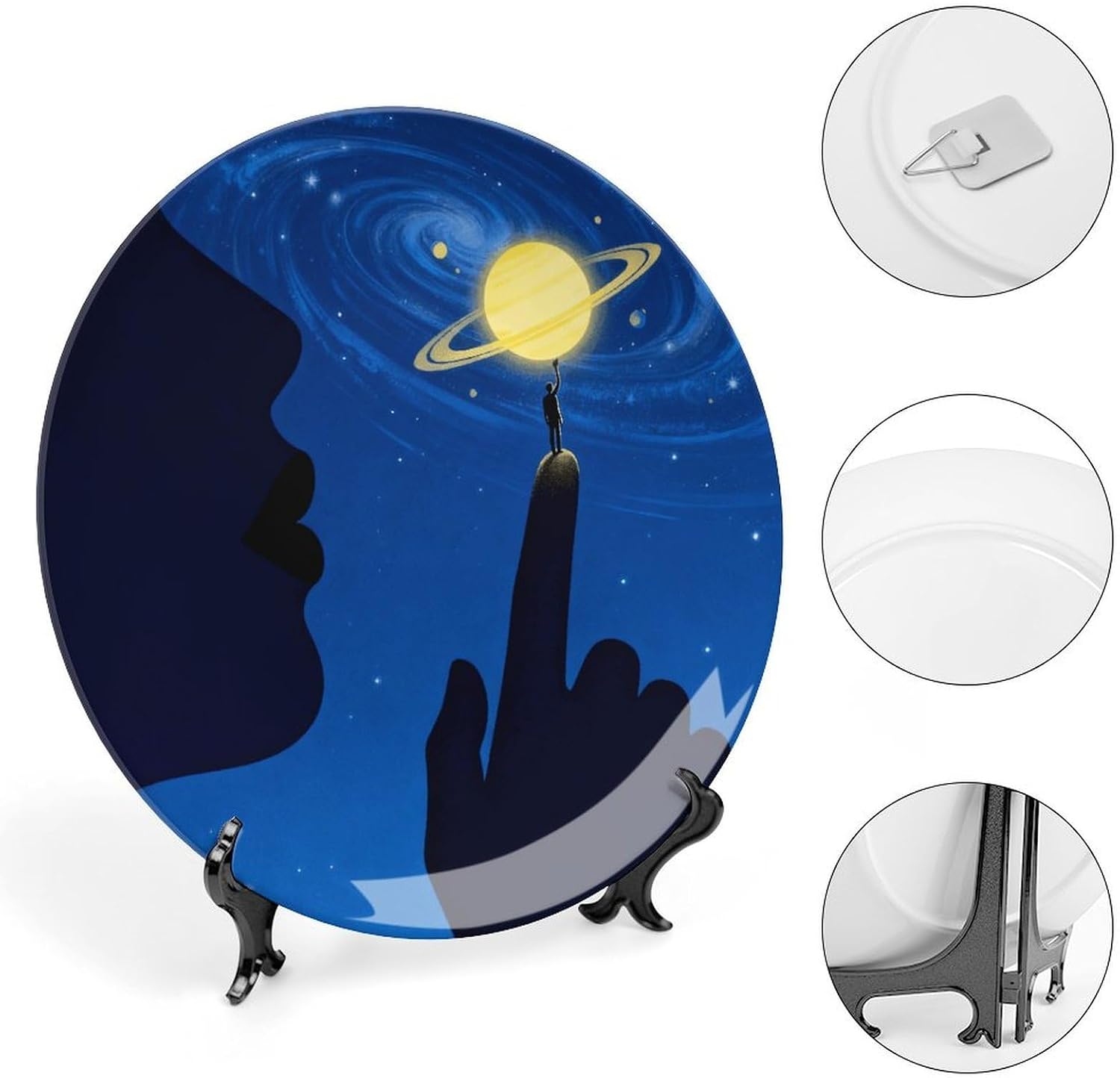 Blue Starry Sky Decorative Plates Bone China Plates with Stand for Display 10inch Round Ceramic Dinner Plates Dessert Plate for Kitchen Party Coffee Table Decor Art