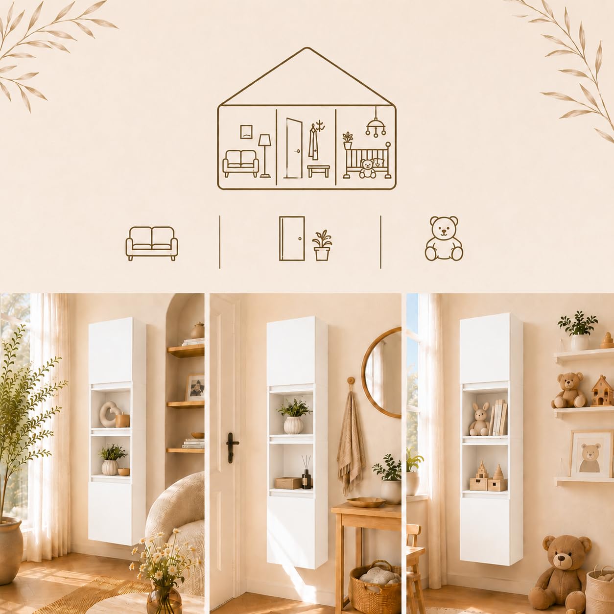 Badezimmerschrank Stehend Ariza, Hochglanz Weiß, MDF 18 mm, Soft-Close Türen, 6 Regale, 161 x 28 x 25 cm, Midischrank, Gäste WC & Bad für Kosmetik, Hängend, Links rechts
