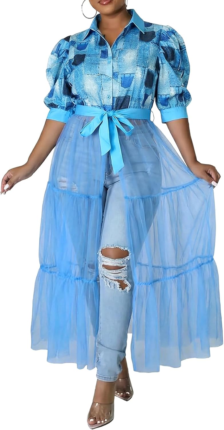 Choichic Women' Button Down Shirts High Waist Short Sleeve Sheer Mesh Patchwork Maxi Dress Long Shirts Tunics with Belt - Image 2