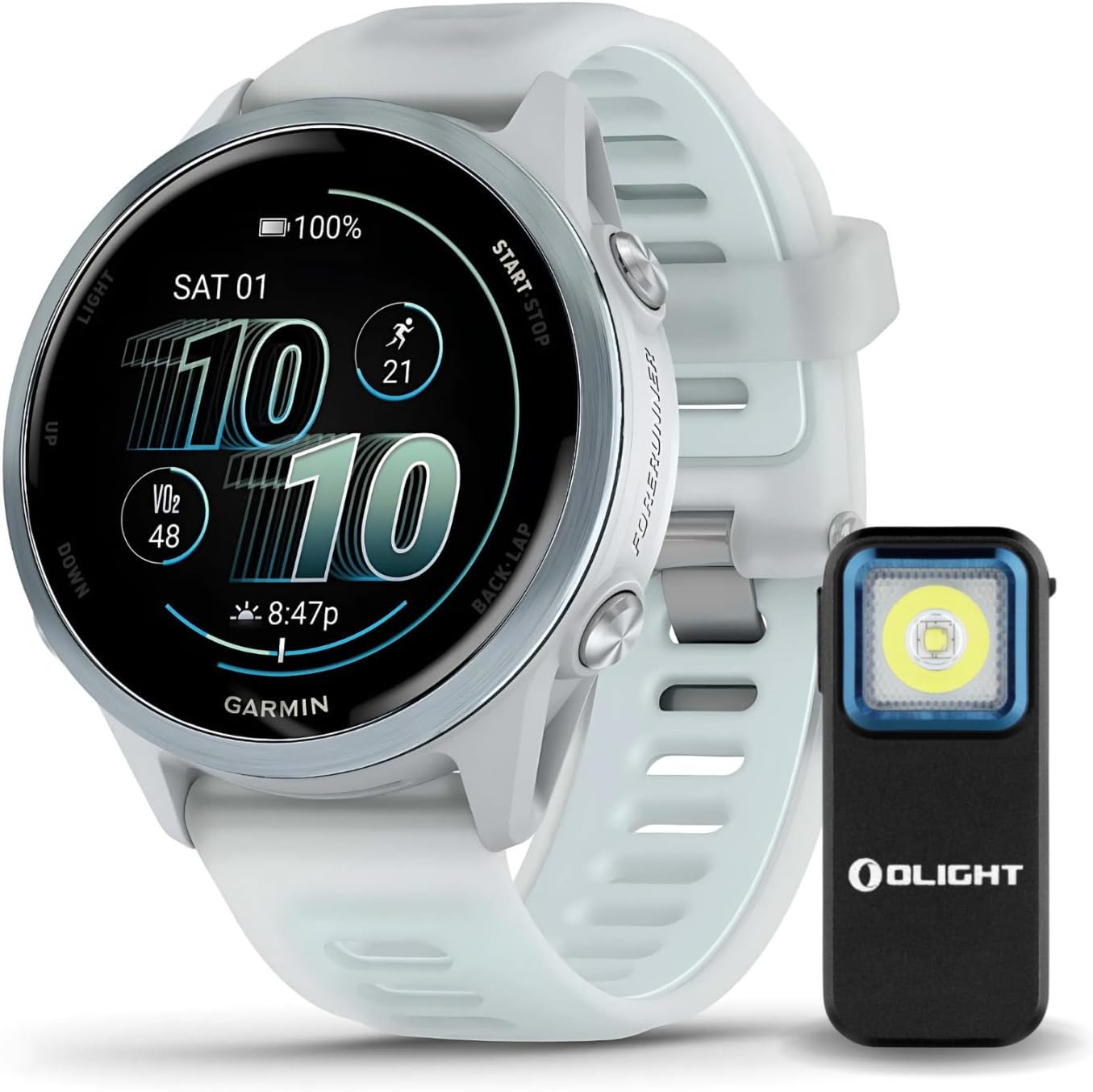 Garmin Forerunner 570-42mm Cloud Blue Aluminum with Whitestone/Cloud Blue Band Bundle with Rechargeable Clip-On Flashlight (2 Items)