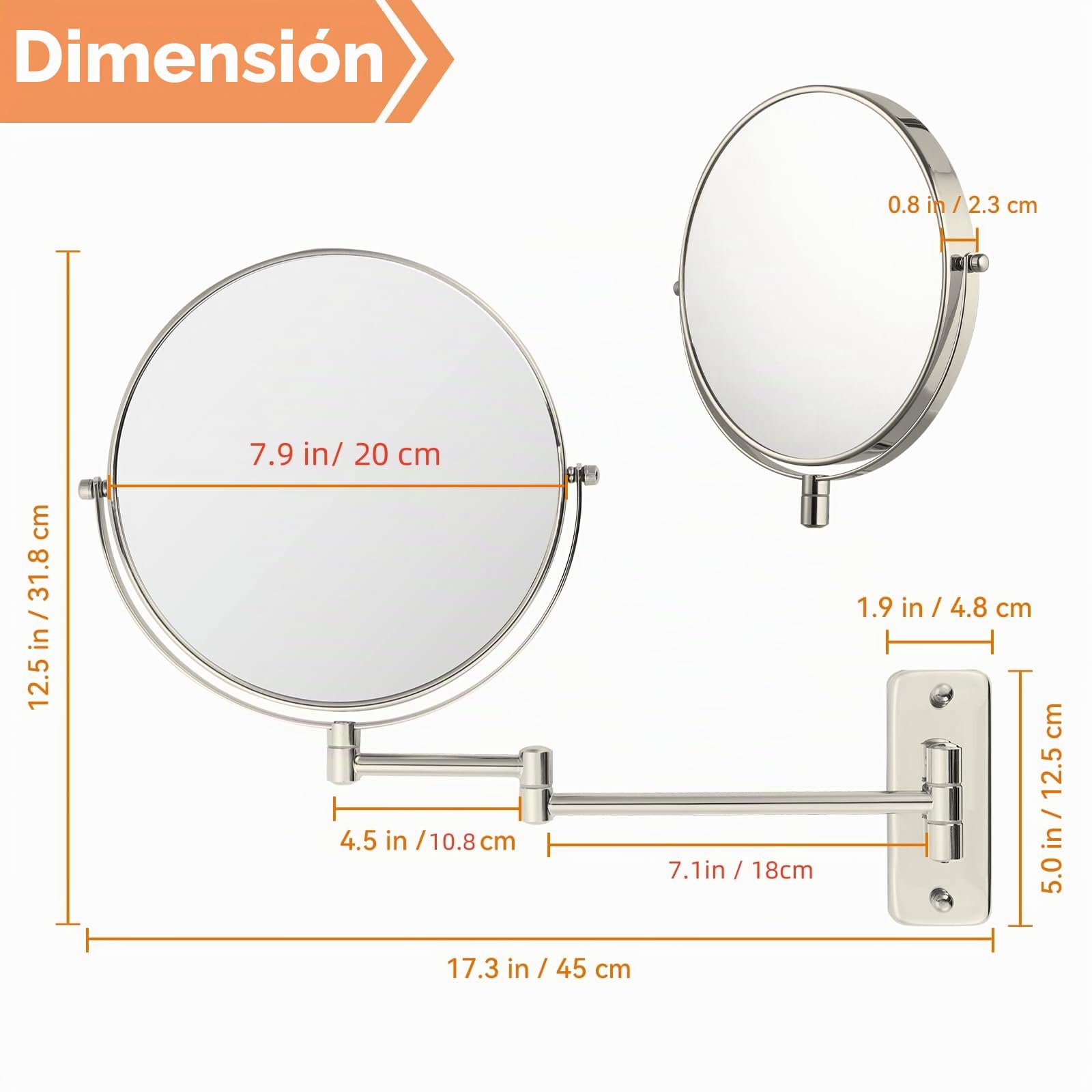 Espejo de baño extensible de 8 pulgadas con aumento de 1X/10X, giratorio de 360° de doble cara y espejo de afeitado, acabado de níquel (sin luz)
