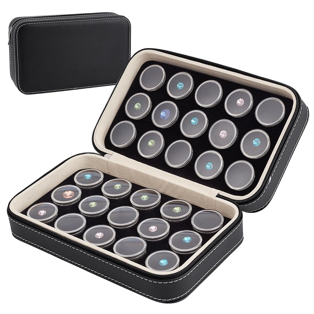 BENECREAT Schmuck-Vitrine aus Leder, 20,3 x 13,9 x 5,8 cm, mit 30 Edelsteingläsern, lose Diamant-Box mit schwarzem Schaumstoffeinsatz für Sammlerstücke, Diamant-Boxen