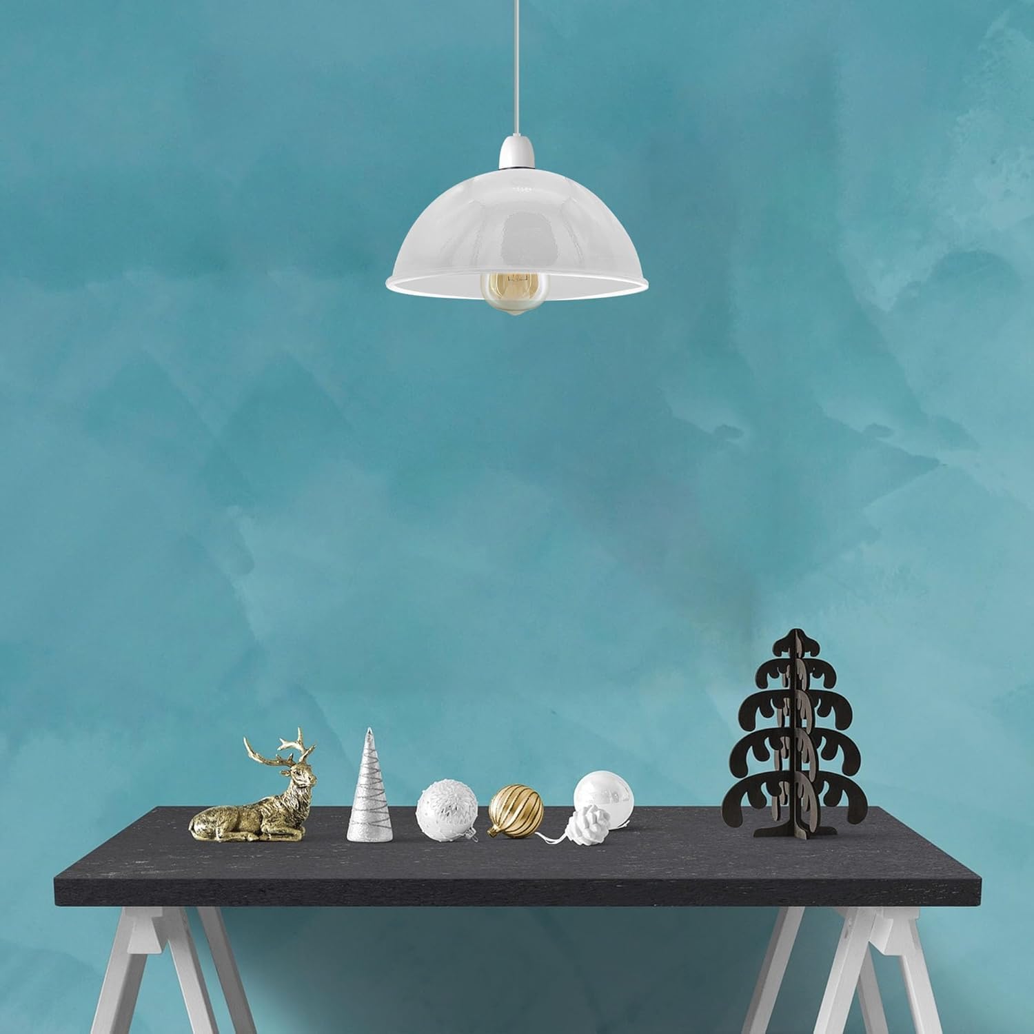 White Pendant Light Shade, Metal Dome Lampshade with Bulb Guard, Industrial E26 Replacement Ceiling Fixture Cover for Kitchen Island & Home (White - Pack 1)