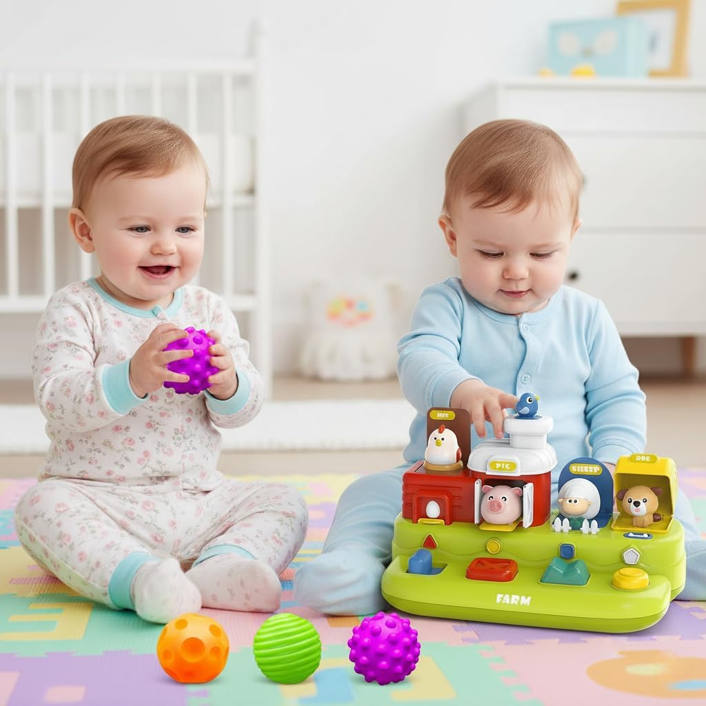 Montessori Baby Balls 4-Pack + Pop Up Music Toy, Interactive Early Learning & Sensory Toys for Infants 3–12 Months, Cause and Effect Montessori Educational Toddler Gift Bundle