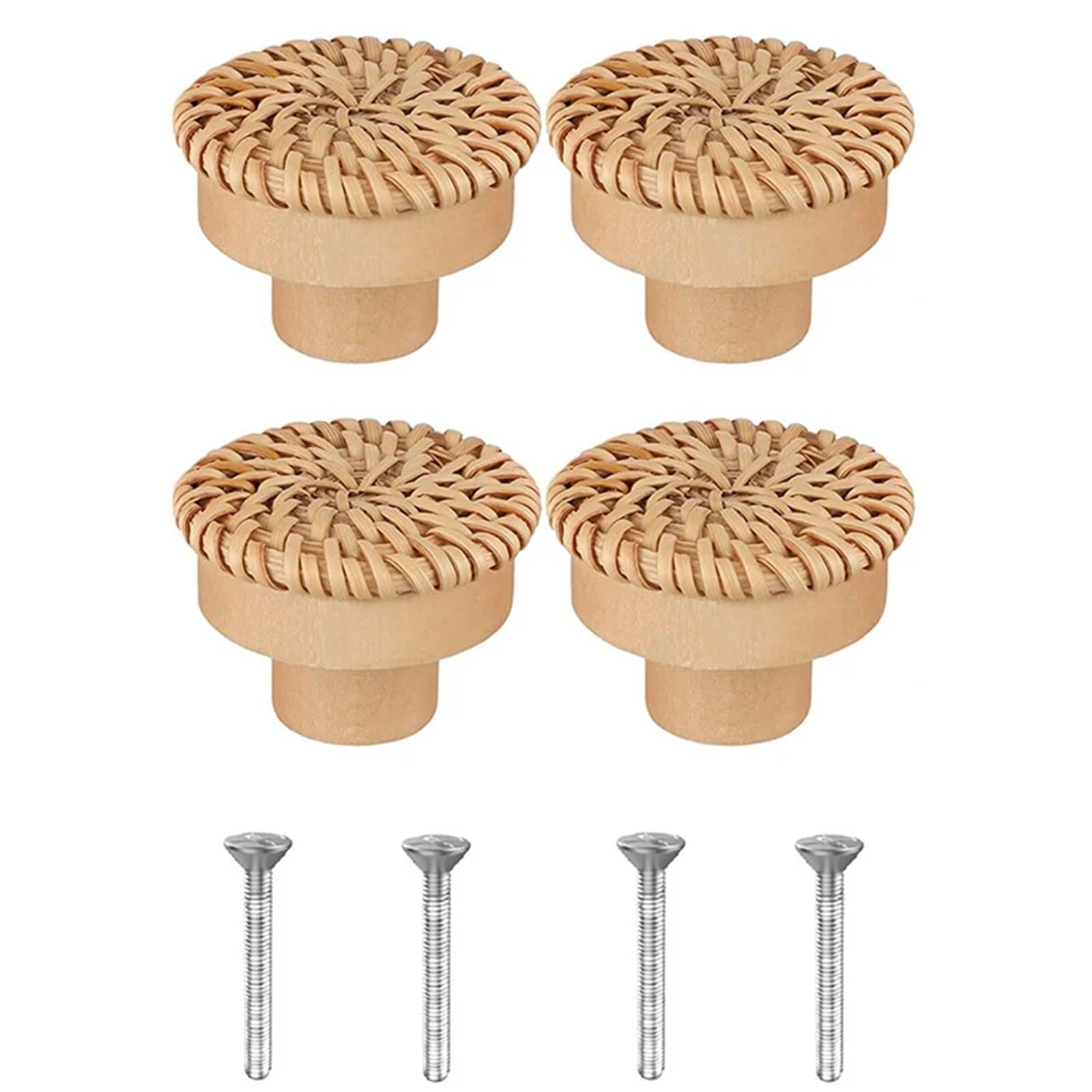 Ubohuz Yellow-4Pack 4Pcs Rattan Dresser Knobs Round Wooden Drawer Handmade Wicker Woven And Screws For Furniture For Cupboard, Wardrobe(Yellow-4Pack)