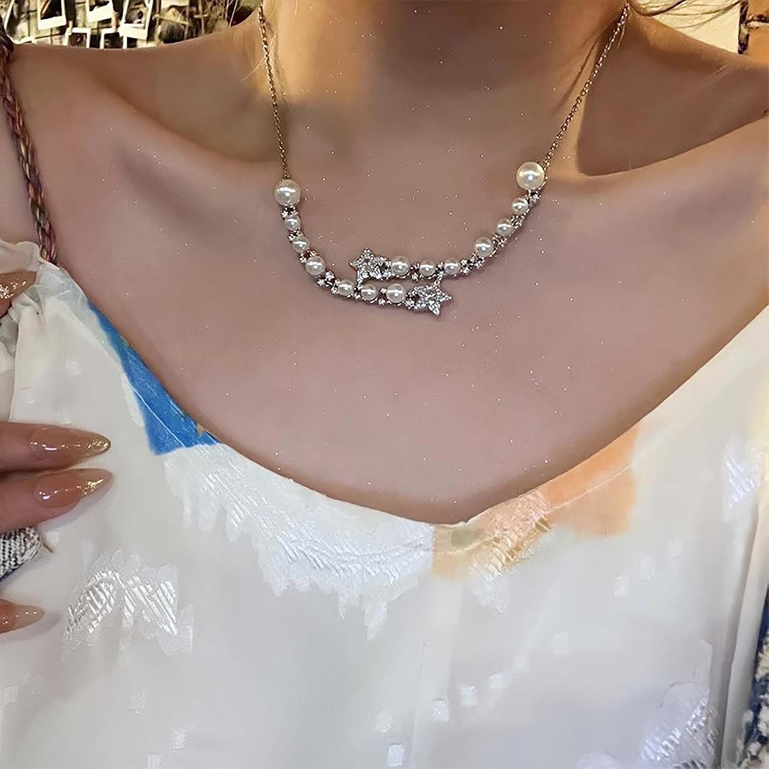 Boho Cz Pearl Choker Necklace Silver Crystal Star Necklace Crystal Pearl Necklace Cz Star Pendent Necklace Wedding Pearl Collar Necklace Jewelry for Women - Image 2