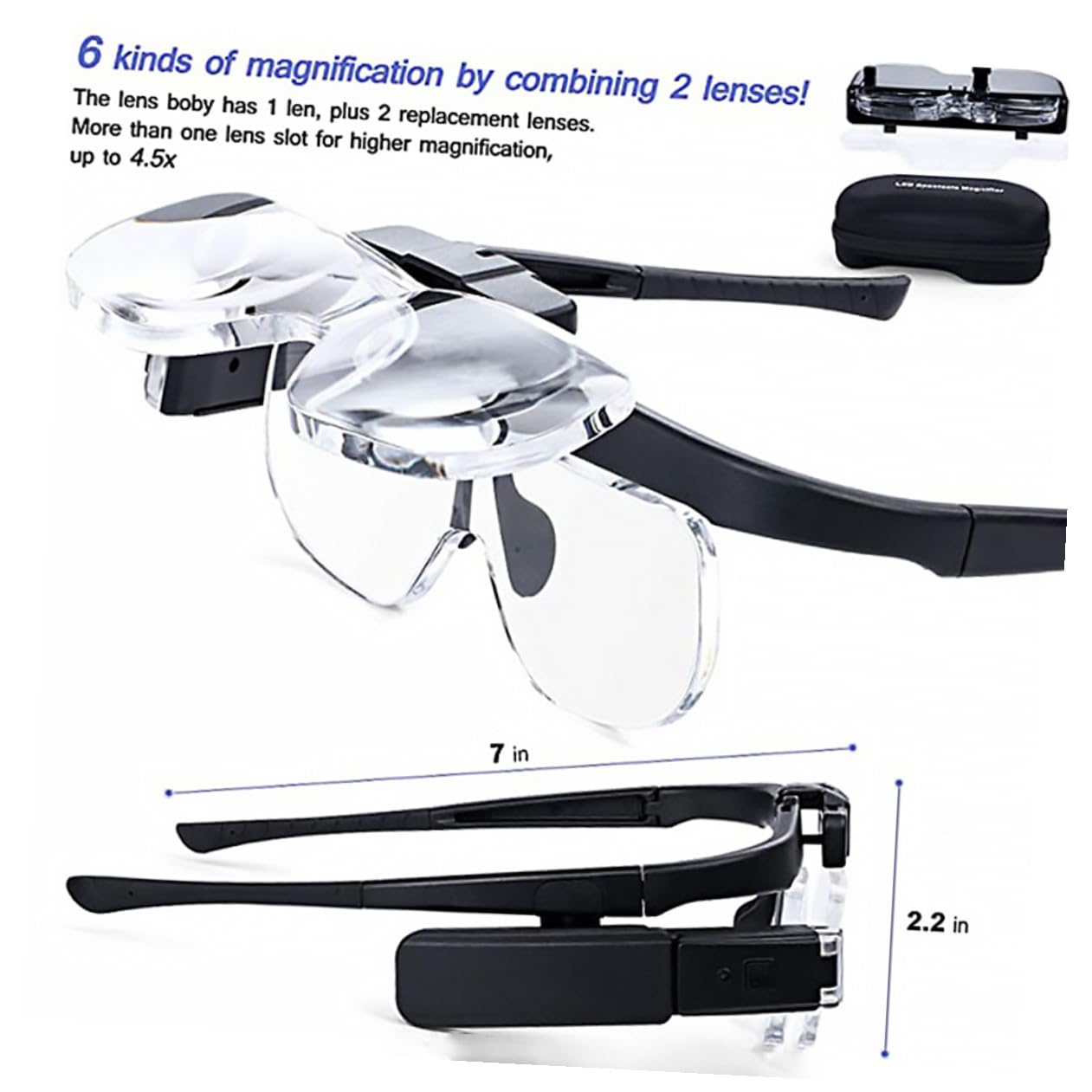 TEHAUX Gafas de Lectura Lupa y Luz LED Recargable, Diseño Ergonómico, Lente Óptica Acrílica y Accesorios Metálicos para Trabajo de Precisión y Lectura