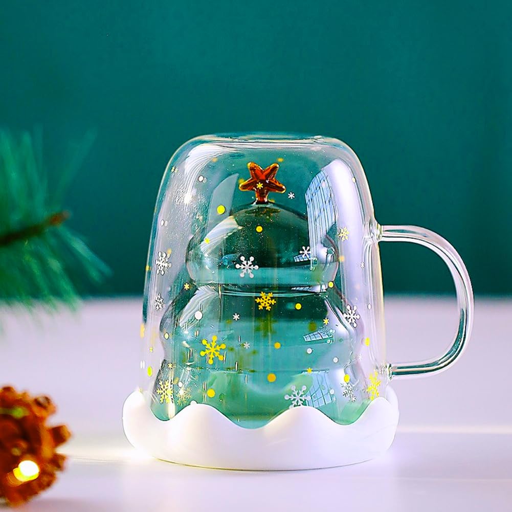 Weihnachtsbaum Glasbecher 300 Ml – Doppelwandiger Isolierbecher Mit Deckel & Untersetzer, Perfekt Als Weihnachtsgeschenk
