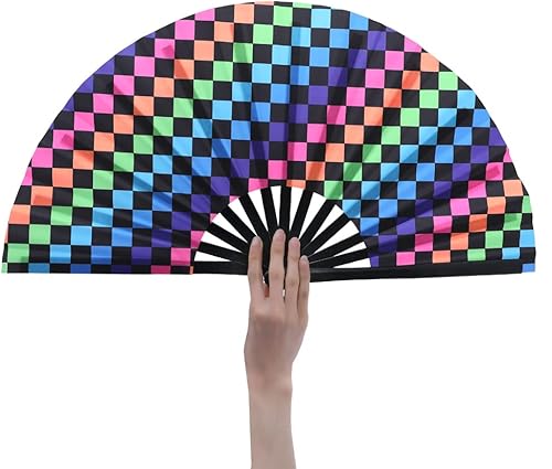 HeyToo Ventilador de mano grande para mujeres y hombres, con brillo UV, para Drag Queen, cosplay, EDM, club, fiesta, música, festival, baile,
