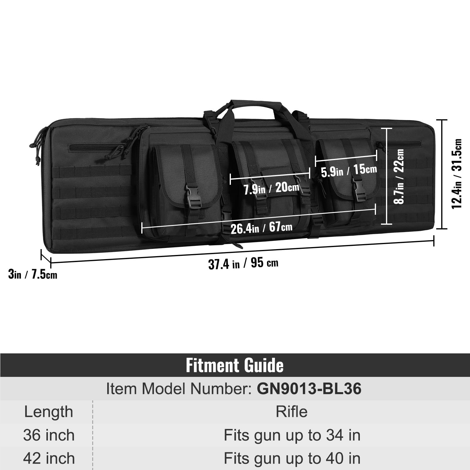 VEVOR Estuche para Rifle Bolsa Táctica Larga para Transporte de Armas 91 cm con Sistema MOLLE Funda para Rifle con Correa para Hombro Cremallera con Cerradura para 2 Rifles 86 cm y 2 Pistolas, Negro