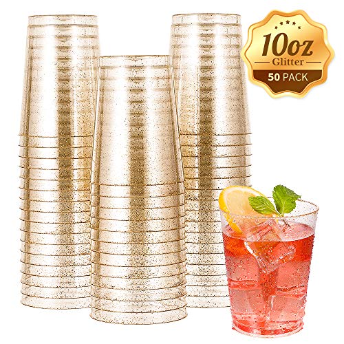 50pcs 10 OZ Gold Plastic Cups, Disposable Gold Glitter Plastic Cups, Clear Plastic